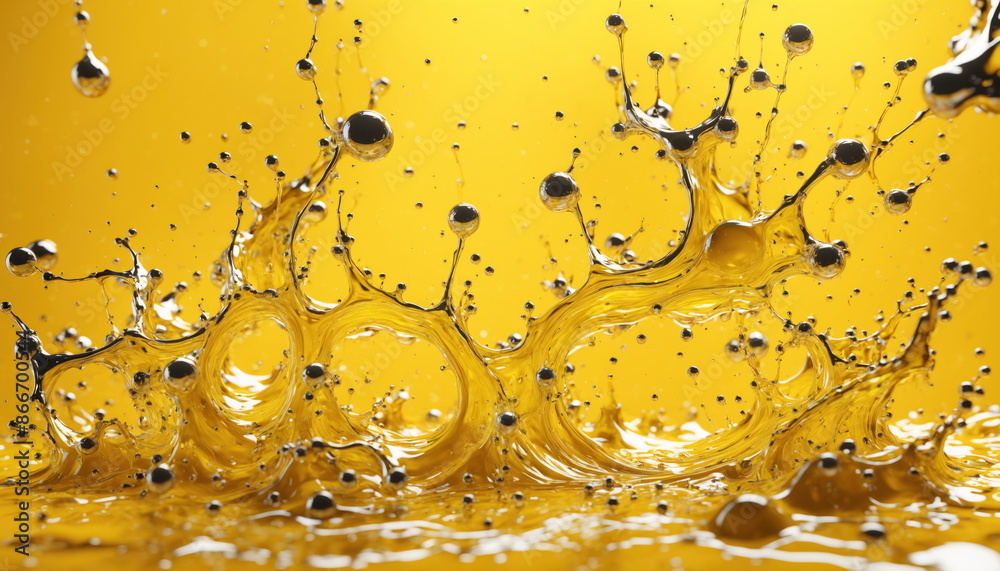 Poster golden liquid splashing against a yellow background, creating intricate patterns and droplets. dynam