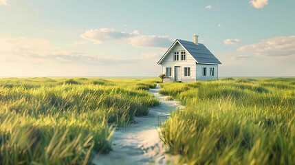 A house, two floors, on a grass plot, open field, with paths, low grass, 3D illustration, Generative AI illustrations. 