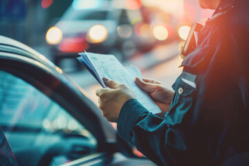 Police officer reviewing documents, issuing a traffic ticket to a driver during a traffic stop
