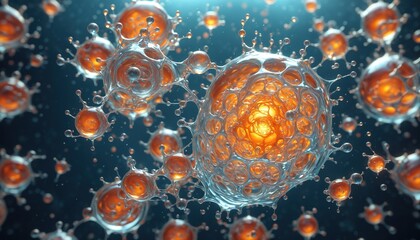 Orange spheres floating in a blue liquid. Their unique shapes, with delicate spikes and bubbles, are highlighted in striking detail
