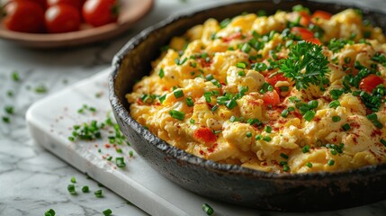 Close-up of a skillet filled with creamy scrambled eggs, garnished with fresh herbs, chopped tomatoes, and green onions, perfect for a delicious and nutritious breakfast.