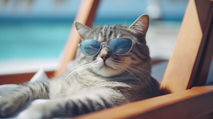 Cute cat picture lay down on beach bed at beach with light of sun. Adorable kitten in comfortably pose on sunbed bathing sunlight have happy face. Tropical trip with friendly pet for happiness. AIG35.