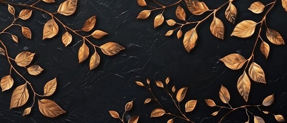 A black background provides a dramatic backdrop for gold leaves and branches, combining to create a sophisticated and elegant design element
