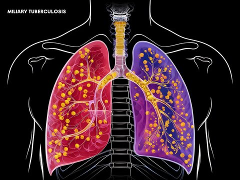 Lungs affected by miliary tuberculosis, illustration