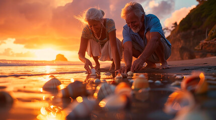 Elderly couple collecting seashells on the beach at sunset, capturing a moment of happiness and togetherness. The warm colors and serene atmosphere emphasize the beauty of nature and love.