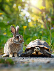 A rabbit and a tortoise sitting together in a sunny garden with lush greenery and colorful flowers The classic pairing symbolizes the fable of The Tortoise and the Hare representing themes of patience