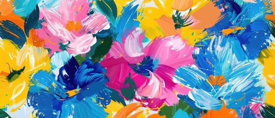 Vibrant flowers and leaves bloom amidst abstract brushstrokes on this colorful background, featuring acrylic paint smears that create a dynamic and playful seamless pattern.