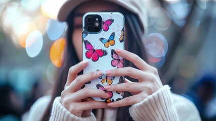 A woman holding a smart phone with butterflies on her face was taking a photos, Generative AI illustrations. 