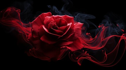Naklejka premium Red rose wrapped in smoke swirl on black background.