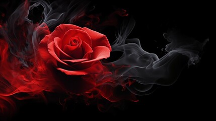 Red rose wrapped in smoke swirl on black background.