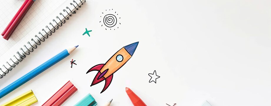 rocket marler background illustration on white background on the left, blank white copy space on the right, back to school background