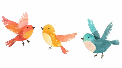 Fototapeta premium A very cute kawaii colorful flying birds , in the style , white background, Generative AI illustrations. 