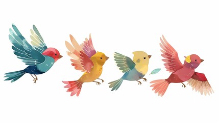 Obraz premium A very cute kawaii colorful flying birds , in the style , white background, Generative AI illustrations. 