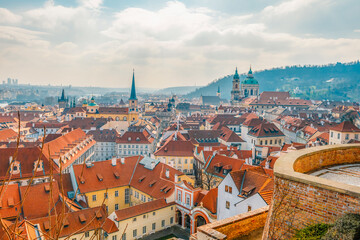 Fototapeta premium View of the city Prague and the Vltava river with Charles bridge from prague castle, hradcany in Prague, Czech Republic.