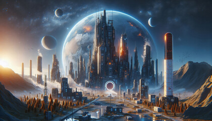 Futuristic Cityscape Under a Giant Planet - A futuristic city with tall, slender buildings is depicted under a massive, luminous planet. The composition is dominated by a cool, blue color palette.