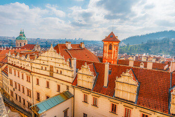 Obraz premium View of the city Prague and the Vltava river with Charles bridge from prague castle, hradcany in Prague, Czech Republic.
