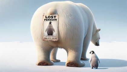 Polar Bear and Penguin: A Hilarious Encounter - A polar bear walks nonchalantly with a lost penguin poster attached to its back, while a smaller penguin stares up at it with a bewildered expression.