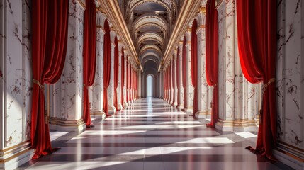 A long hallway with red curtains and white marble walls. Generate AI image