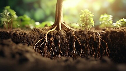 Fototapeta premium Roots of plant growing underground close up, layers of soil cross section.