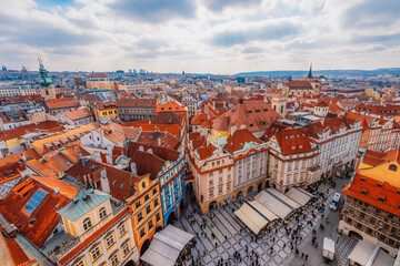 View of the city of Prague and old town square with buildings and Church of Our Lady before Tyn in...