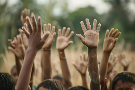 Group of children eagerly raising their hands, rural education, eagerness to learn