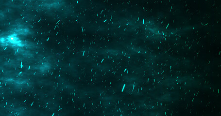 Colorful creative embers fire particles moving in air background. Abstract dark anime volcano eruption manga bg. Fantasy fiery blazing cosmic burst dust flowing in atmosphere. Astronomy overlay.