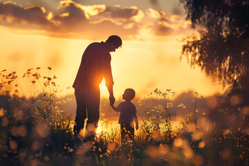 Father and son in the park. Father's day, happy family concept. Dad walks with his son in nature at sunset