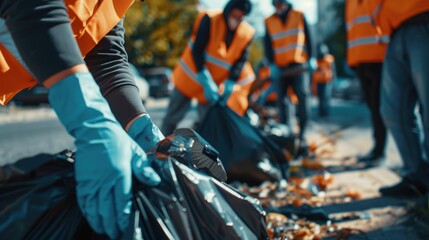 Volunteers Cleaning Up Trash From City Street, Community Service, Environmentalism