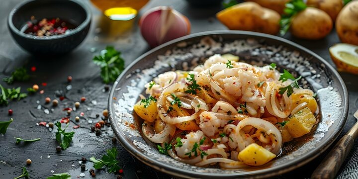 Traditional Portuguese dish made with shredded salt cod onions and fried potatoes. Concept Bacalhau &agrave; Br&aacute;s, Portuguese cuisine, Traditional recipe, Salt cod dish, Portuguese comfort food