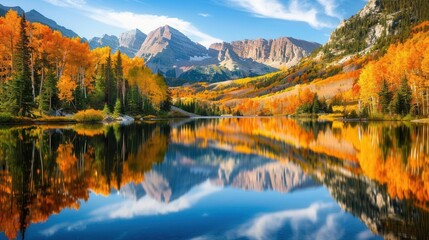 serene mountain lake in autumn vibrant fall foliage reflective water surface majestic peaks crisp air natures colorful display