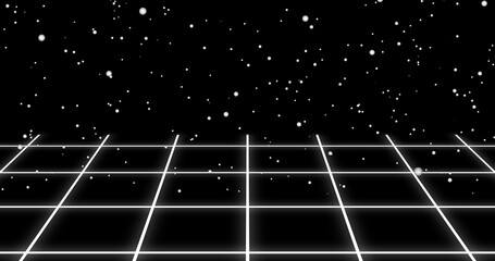 Retro style colorful grid moving with stars in background. 90s synthwave game loading animation. VHS lo-fi style music night club galaxy flyer. Electronic party vintage leisure games pop art.