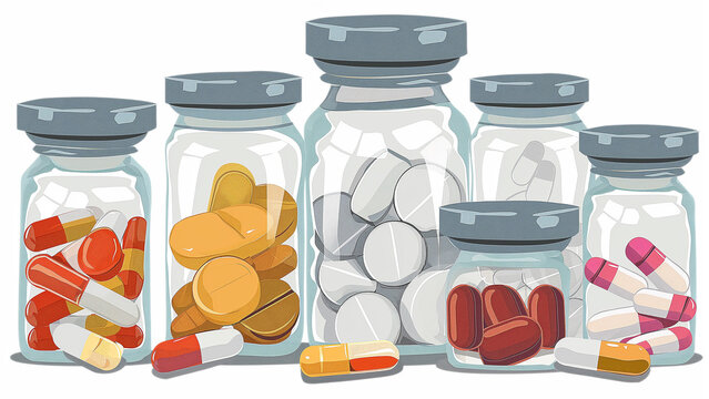 Illustration of a set of glass bottles, each filled with capsules and tablets, symbolizing the diversity and importance of medication in healthcare.