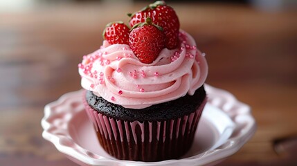 Chocolate Cupcake Topped with Pink Frosting and Strawberries