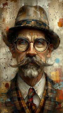 Vintage Style Painting of a Man in a Hat and Glasses
