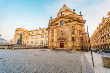 View of the city of Prague with Old Town Bridge Tower on  Charles bridge  in Prague, Czech Republic.