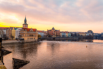 View of the city of Prague and the Vltava river with Old Town Bridge Tower on  Charles bridge  in...