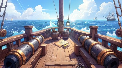 An image depicting the deck of a ship equipped with cannons pointing out to the open sea, featuring a clear blue sky, barrels, ropes, and a detailed map spread on the wooden floor.