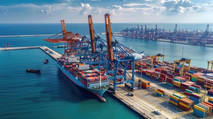 Aerial view of port operations with cranes and shipping containers, logistics hub