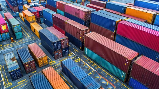 Aerial view of container yard with shipping containers of different sizes, logistics management