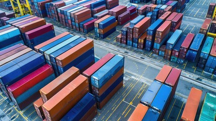 High-angle shot of organized container storage at a port, logistics and supply chain