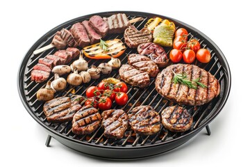 A conceptual image of a grill loaded with delicious barbecue foods, isolated with room for text on a clean backdrop