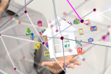 home data. Digital cyberspace with particles and Digital data network connections concept. - 3d
