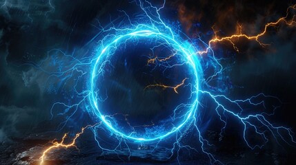 Energetic display: A glowing electric blue circle with surrounding lightning on a dark background, symbolizing powerful and electrifying energy