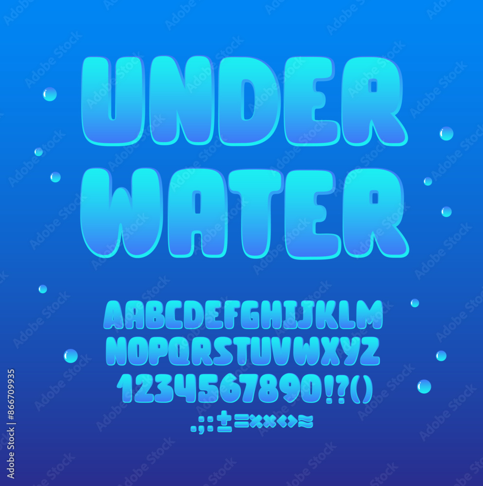 Wall mural underwater cartoon font. deep ocean alphabet. blue gradient vector letters and numbers.