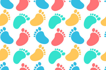 Kids Steps Colorful Seamless Pattern. Children Feet Imprints Endless Background. Baby Footprint Backdrop.