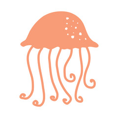 Jelly fish, aquatic sea Ocean animal with tentacles. Ocean water jellyfish swimming. Peach Abstract simple marine underwater medusa. Flat graphic vector illustration isolated on white background