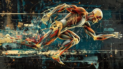  A detailed, artistic rendering of the human body in motion, showing the skeletal and muscular systems in action, overlaid with biomechanical diagrams and equations, illustrating efficient movement an