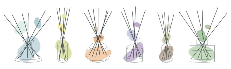 Set of aroma diffusers in jar with wooden Bamboo sticks for the home. Doodle sketch style. Linear simple diffuser with Abstract color shapes, hand drawn in line style. Isolated vector illustration.