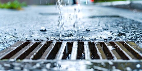 Rainwater flowing into city storm drain from downpipe in urban setting. Concept Urban Storm Drains, Rainwater Runoff, Drainage Systems, Water Pollution, Sustainable City Planning