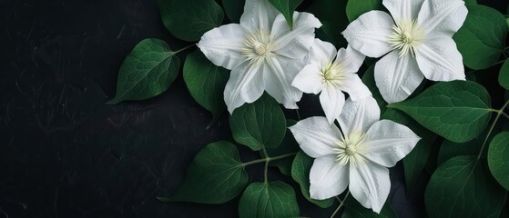 A conceptual image of clematis vines with their large, starshaped flowers, perfect for a garden banner with ample copy space